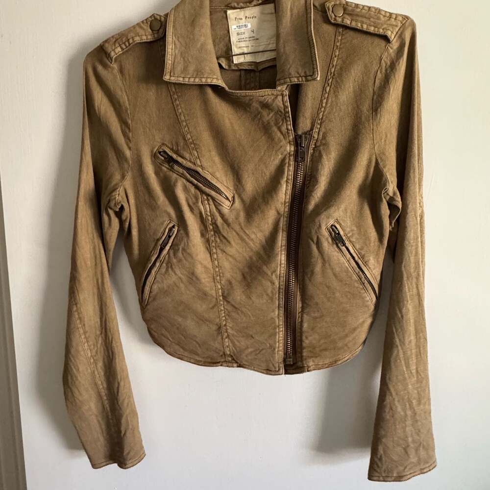 Free People Women's Brown Linen-Blend Asymmetrical Moto Jacket Size 4